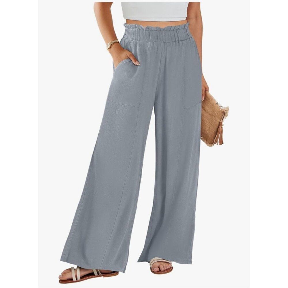 Anrabess Women Gray Linen Blend Wide Leg High Waist Flowy Pants Size M